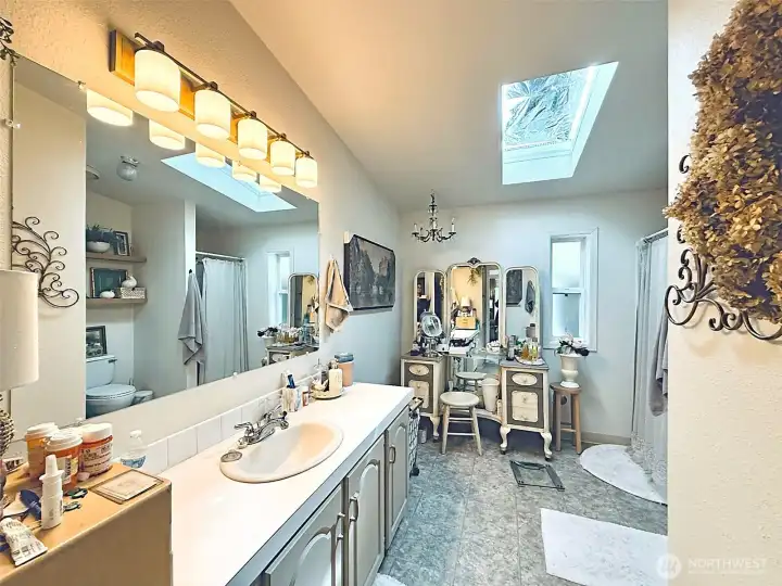 Primary bathroom, large vanity, extra room for washer/dryer access ready, skylight