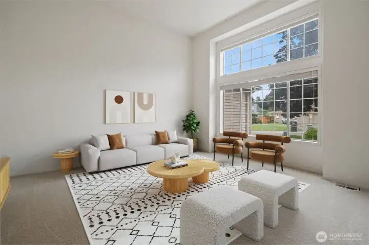 Main Living Room with fresh carpets, skylights & wood floor entry. High ceilings, tall windows and easy level flow to the rest of the home! Virtually staged to show the potential and size.