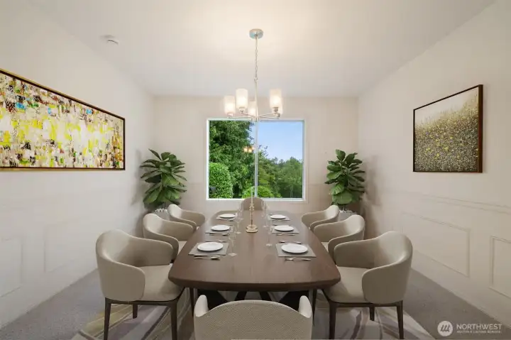 Formal Dining Room - Views to private park like yard and deck overlooking preserve. Virtually staged to show potential. Fresh Carpets too!