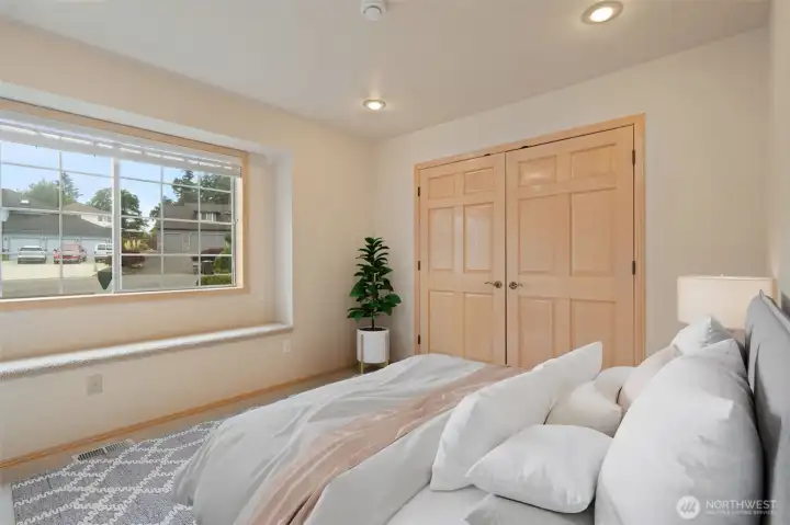 Bedroom 3 - Single floor, all level living. Double door closet, window seat, fresh carpets & virtually staged to show you the size and potential.