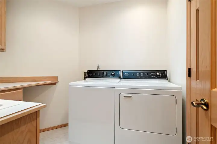 Laundry room with great storage cabinets, large laundry sink and pantry closet shelving.