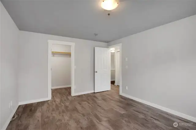 The bedroom also has a large walk-in closet.