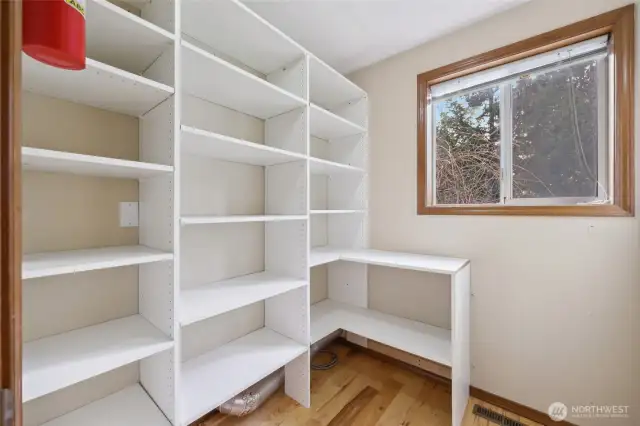 Pantry off of kitchen with plenty of shelving for storage.