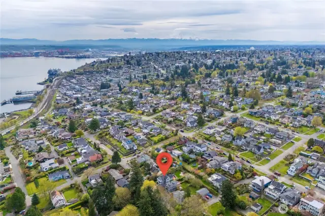 Aerial view with Commencement Bay and Cascade Mountain in the distance.