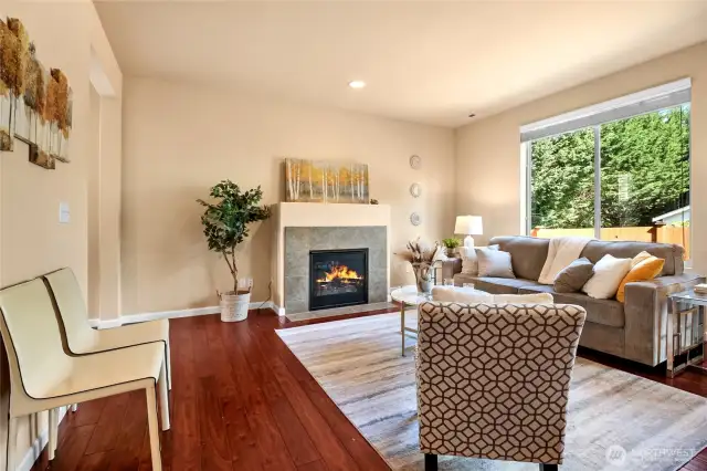 A cozy gas fireplace offers warmth and ambience.