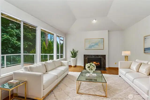 Family room with vaulted ceiling - virtually staged