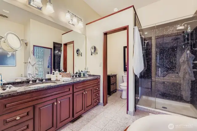 The primary bath has a nice double vanity and walk in shower. The private toilet room is also plumbed for a bidet adjacent to the toilet.