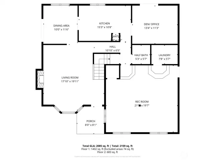 Floor 1 floorplan. Please note, the front porch is innacurate here. It actually extends to the corner of the house and is fully covered.