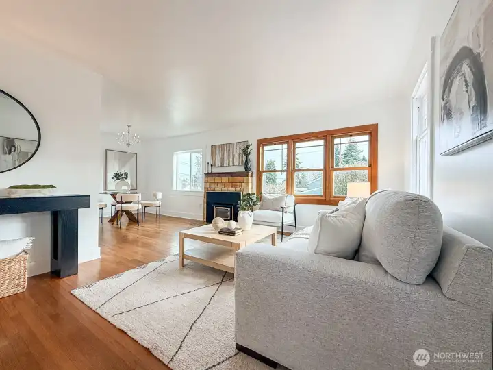 Living room, Fireplace and Open to Dining Room