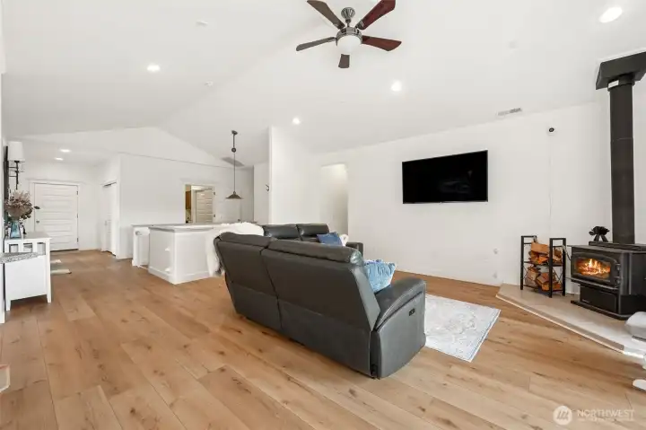 Living area with wood burning fireplace