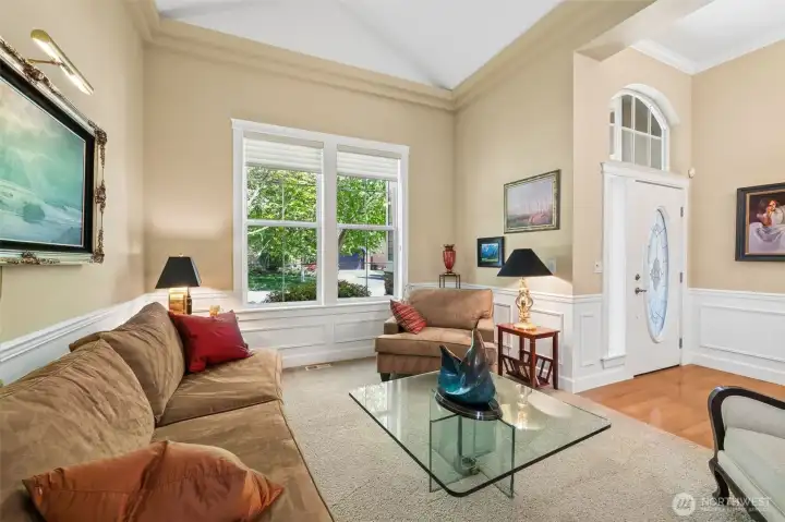 Formal living room with silhouette shades by Hunter Douglas