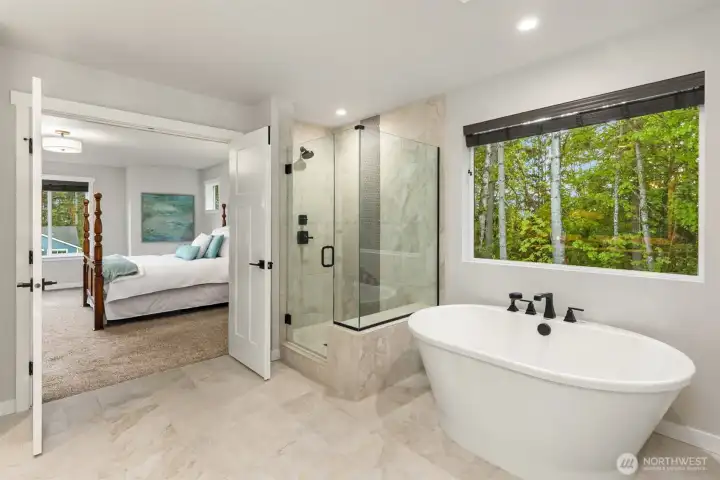 5 piece primary bath with shower, soaking tub and dual sinks.