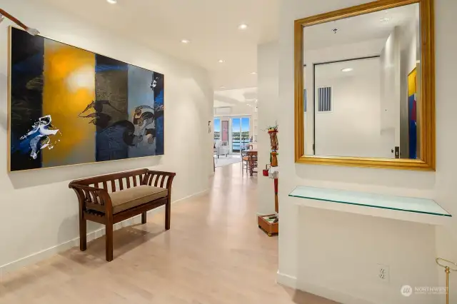 Entryway with hardwood floors, wall space for art and unbelievable views.