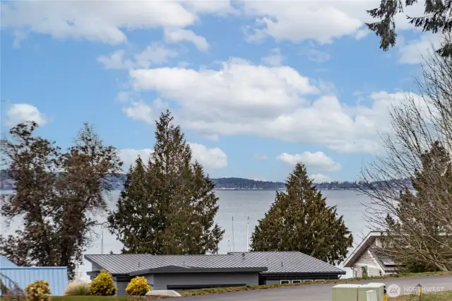 The water view is seen from the living room in several places, the front and side yards, and the dining room.