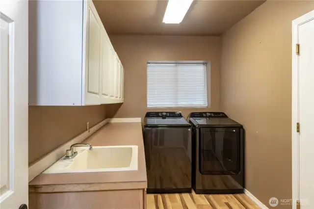 The lower level has a big closet under the stairwell, BRAND-NEW washer & dryer, utility sink and lots of storage. The door on the right leads to the 2-car garage.