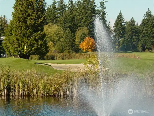 View of the 18th Hole fountain behind the green from the Clubhouse