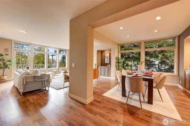 Open floorplan with an abundance of natural light and views of trees instead of buildings. In the city, but somehow still peaceful.