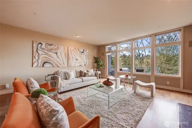 Access to the front balcony from the light filled living room.