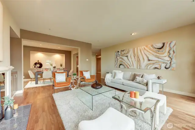 Dining room flows seamlessly into the living room for optimum entertaining.