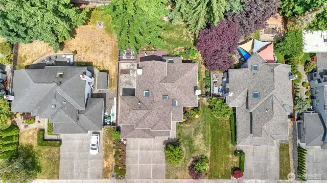 This aerial view highlights the expansive, elongated driveway framed by lush greenery and beautifully maintained landscaping in both the front and back yards. The fully fenced backyard offers added privacy and space for outdoor enjoyment.