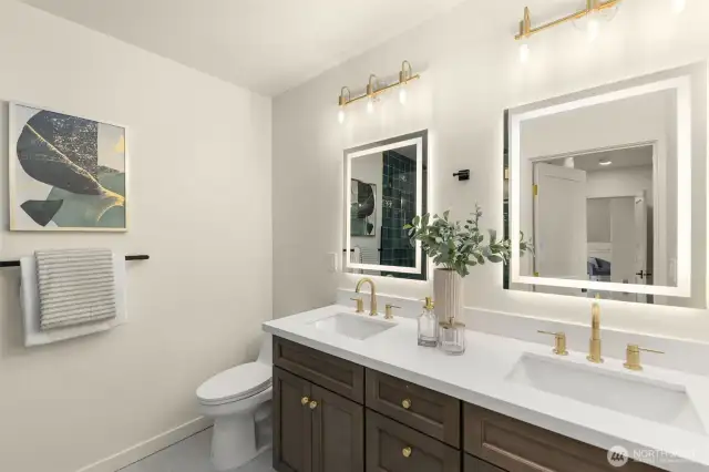 Designer tile and elevated storage make this bathroom a standout.