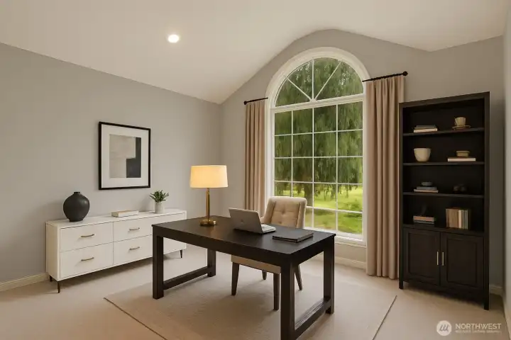 A private office on the main level provides a serene space for focus and inspiration. [This photo is virtually staged]