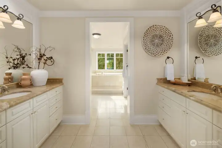 Spa primary bath with large dual vanities, walk-in closet, Tub and shower