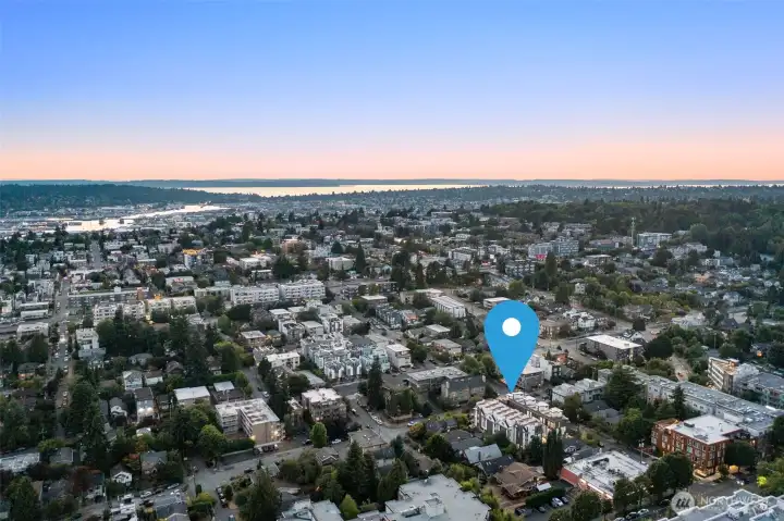 Aerial perspective showcases the unbeatable Wallingford location, surrounded by parks, cafés, dining, and easy transit, all within a 94 Walk Score.