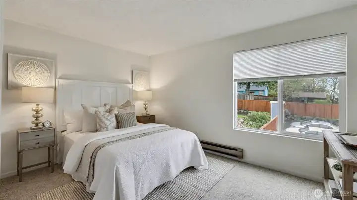 Primary suite upstairs with attached full bath