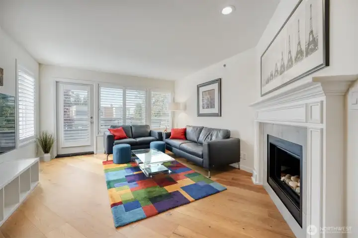 A gas fireplace in the living room creates warmth and ambiance.