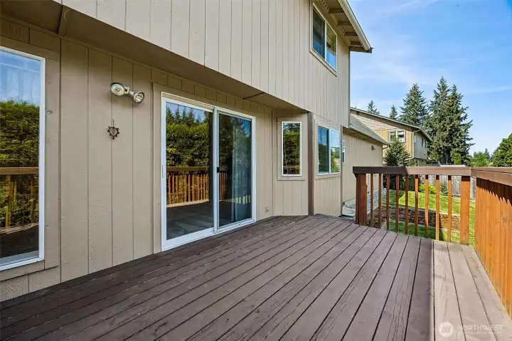 Expansive deck just off the kitchen/family room area offering the perfect setting for gatherings or just relaxing outdoors.
