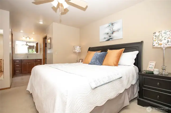 Lovely ceramic tile, quartz counters & newer shower insert all newer updates in this ensuite bathroom; walk-in closet to right Lovely ceramic tile, quartz counters & newer shower insert all newer updates in this ensuite bathroom; walk-in closet to right