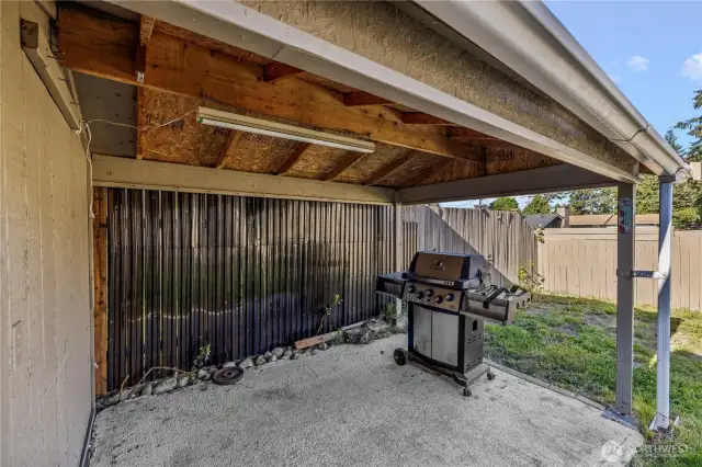Covered area behind the shed offers the perfect spot for BBQs and outdoor gatherings, rain or shine.