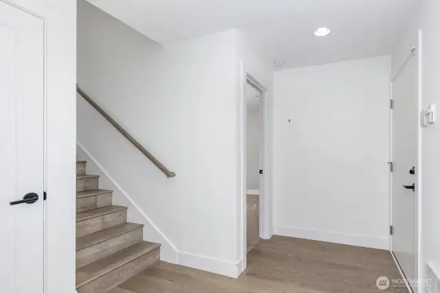 Inside the front entry with the guest bedroom door.
