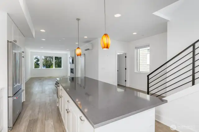 Looking from the kitchen sink into the main living area.