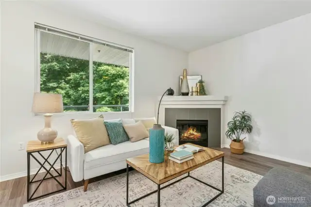 Living room w/ electric fireplace