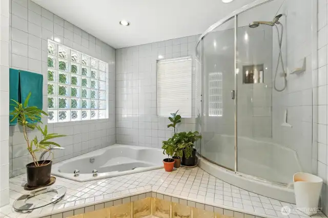 Primary bath with shower and soaking tub