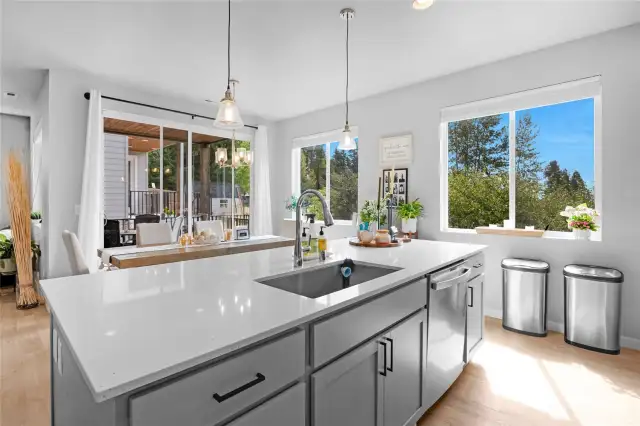 Views from kitchen are to orchard greenery