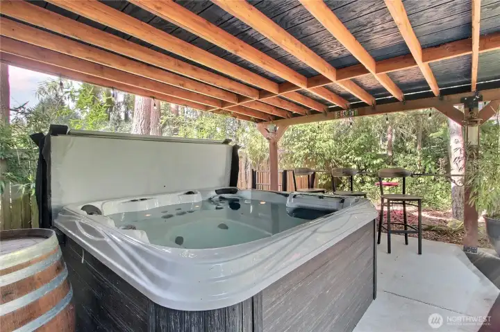 Description of the outdoor living space: a beautifully designed covered deck that features a relaxing hot tub, situated on a durable concrete patio within a tranquil and secluded area, offering a perfect blend of comfort and privacy for outdoor enjoyment.