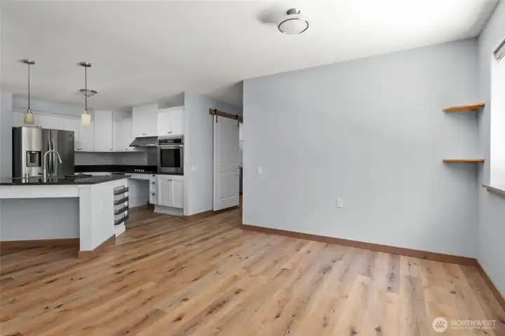 Notice the pendant lights above the kitchen island.