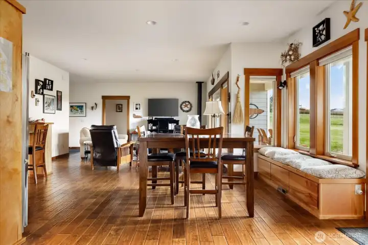 Dining area with built in cushions along window