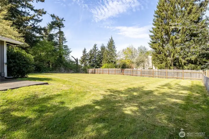 Partially fenced expansive yard.