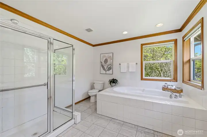 Expansive primary bathroom includes a 5-piece layout with a large soaking tub overlooking the peaceful and private backyard. All new plumbing throughout the home.