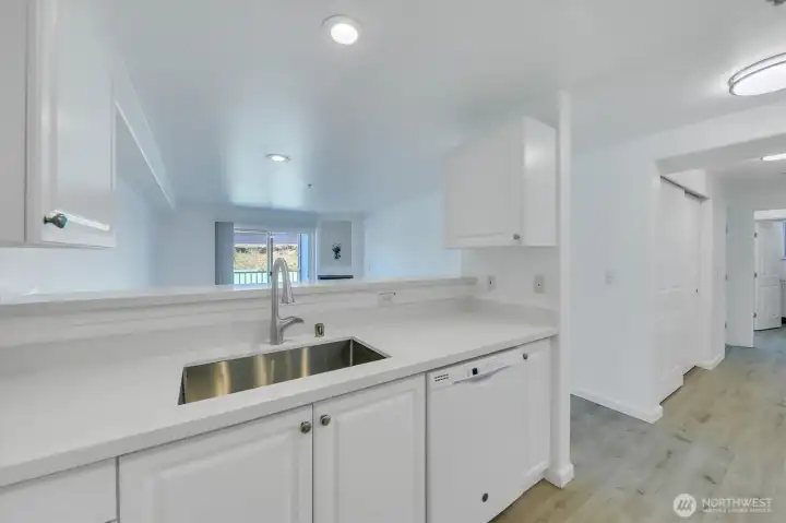 Kitchen looking out toward living/dining room.