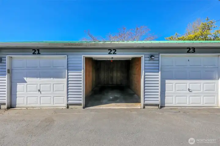 Individual garage #22. Unit also comes with a designated uncovered parking space.