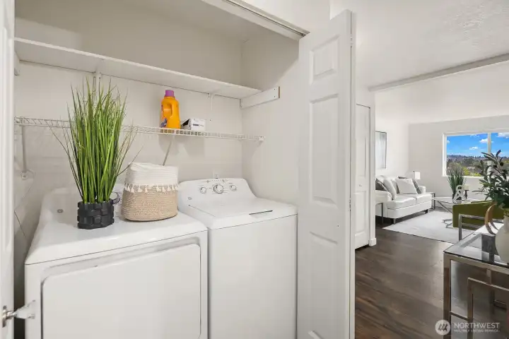 Convenient in-unit laundry with full size washer and dryer, offering the ease of home laundering without leaving the comfort of your condo. Convenient in-unit laundry with full size washer and dryer, offering the ease of home laundering without leaving the comfort of your condo.