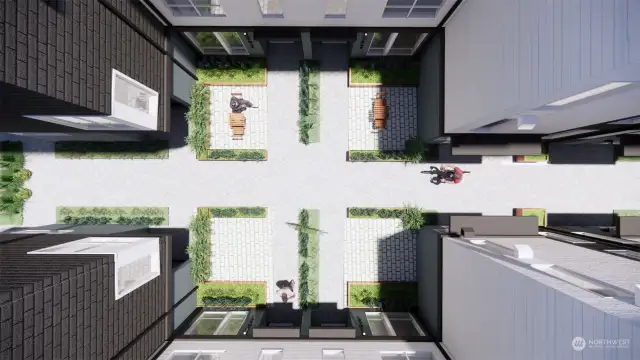 An overhead view of Lotus II's courtyards highlights the harmonious blend of communal spaces and greenery.