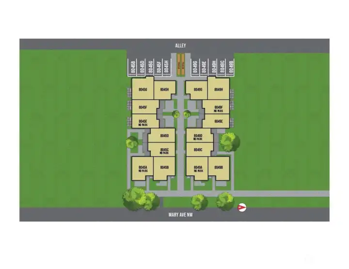 The site plan for Lotus II illustrates the thoughtfully arranged layout of the community, ensuring each townhome benefits from optimal light, privacy, and green space. Embrace modern living in this carefully crafted urban oasis in Whittier Heights.