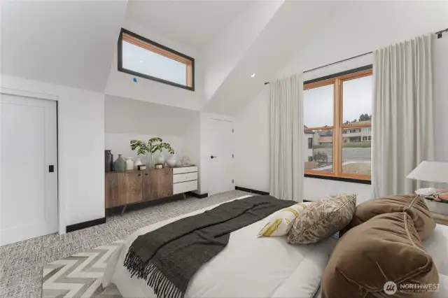 Virtually staged - Upstairs second primary bedroom with ensuite bathroom with heated floors and walk in shower