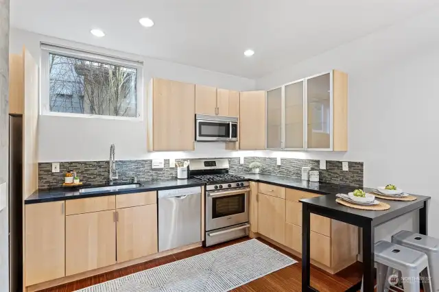 More light from the south shines into a spacious and modern kitchen.